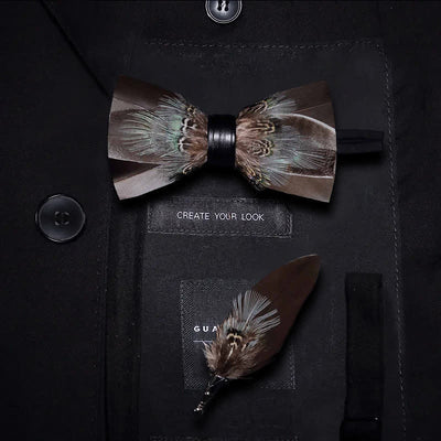 Brown Rustic Feather Bow Tie with Lapel Pin