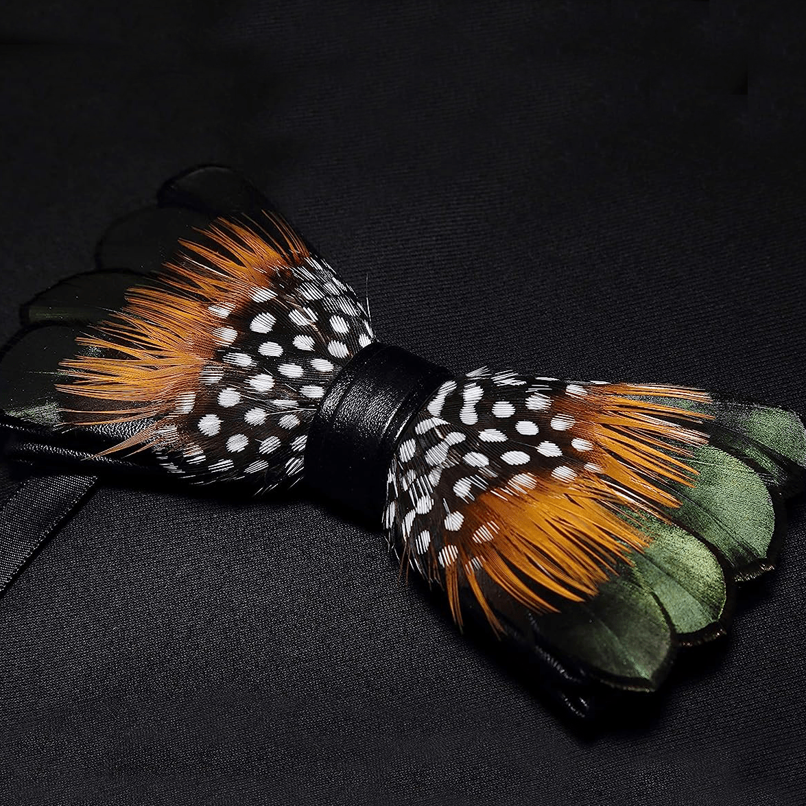 ForestGreen & Orange Vintage Feather Bow Tie with Lapel Pin