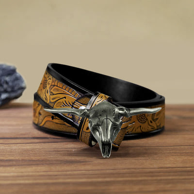 Men's DIY Cool Western Longhorn Bull Buckle Leather Belt