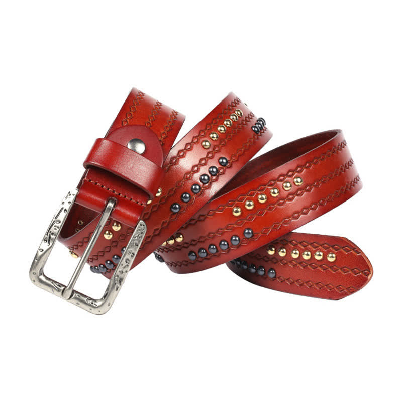 Round Rivet Fancy Stitch Embossed Pattern Leather Belt