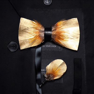 Gold & Tobacco Feather Bow Tie with Lapel Pin
