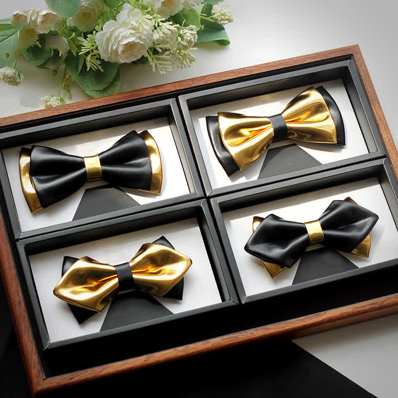 Men's Gold & Black Double Layers Leather Bow Tie