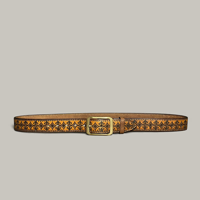 Stamped Carving Strap Brass Buckle Leather Belt