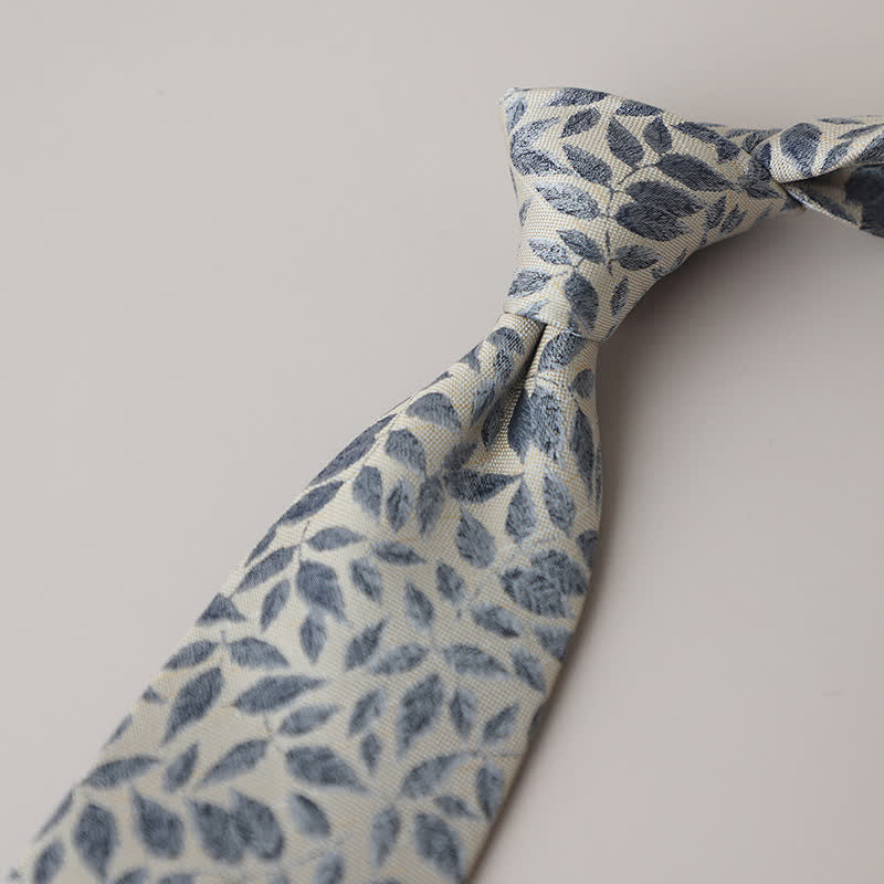 Men's Gray Blue Branch Leaves Printing Necktie