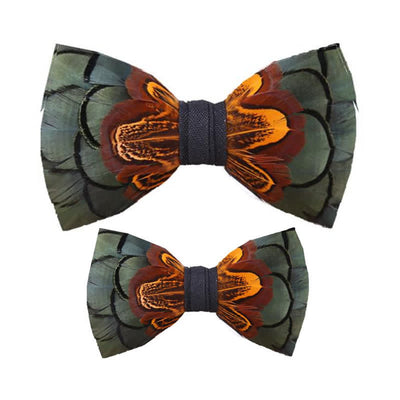DarkSeaGreen & Rust Feather Bow Tie with Lapel Pin