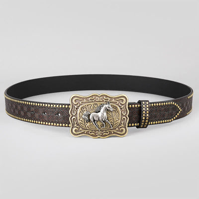 Running Horse Rivet Stubbed Dark Brown Leather Belt