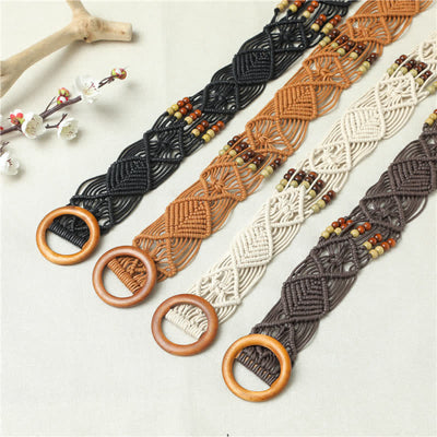 Women's Retro Braided Decorative Beads Wooden Buckle Belt