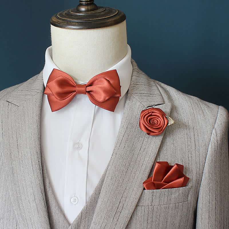 3Pcs Men's Wedding Grooms Rose Corsage Bow Tie Set