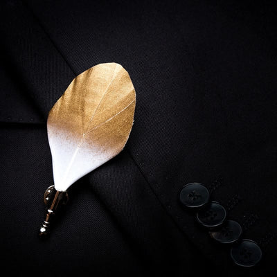 Gold & White Butterscotch Feather Bow Tie with Lapel Pin