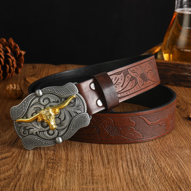 Men's Square Golden Longhorn Bull Leather Belt