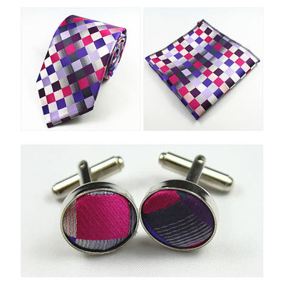 3Pcs Men's Purple Gray Checkerboard Necktie Set