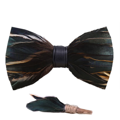 DarkSlateGray Feather Bow Tie with Lapel Pin