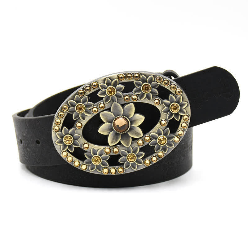 Women's Artificial Crystal Hollow Flower Buckle Leather Belt