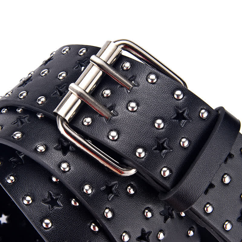 Star Double Prong Hollow Out Rivets Leather Belt