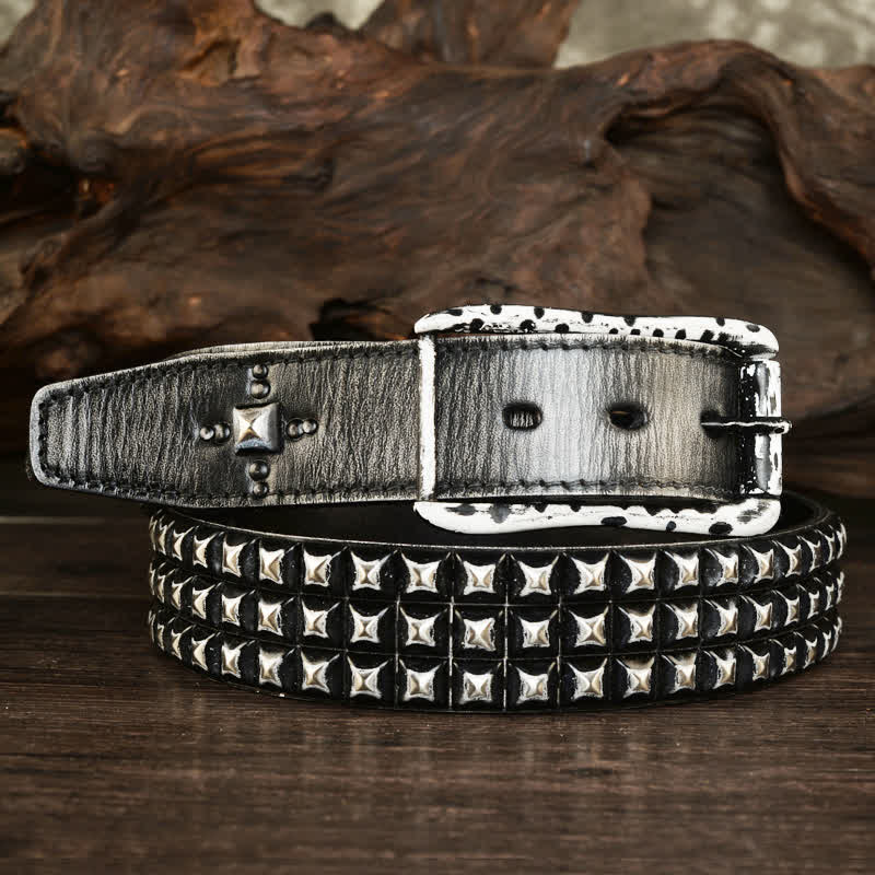 Men's Three Row Classic Pyramid Rivets Leather Belt