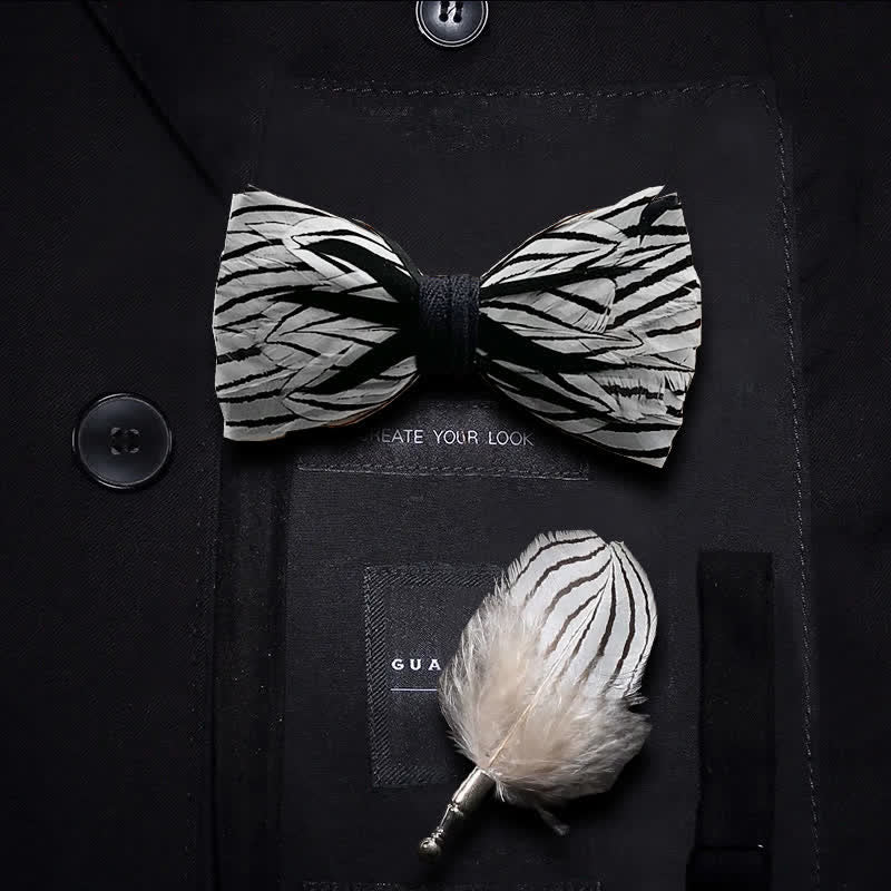 Kid's Black & White Zebra Stripe Feather Bow Tie with Lapel Pin
