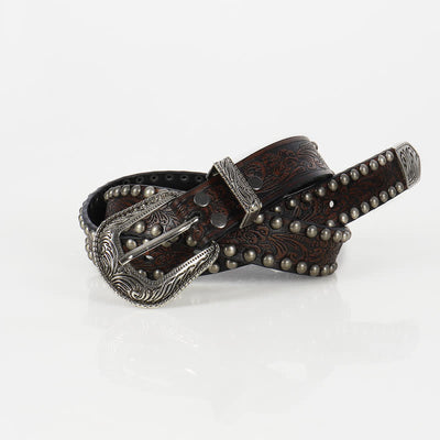 Women's Punk Engraved Floral Studded Leather Belt