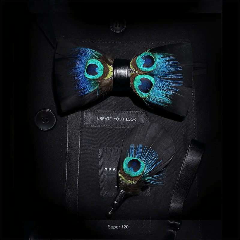 Black & Blue Peacock Eye Feather Bow Tie with Lapel Pin