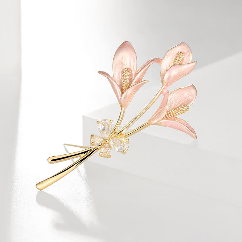 Women's Pink Lily Flower Zircon Enamel Brooch