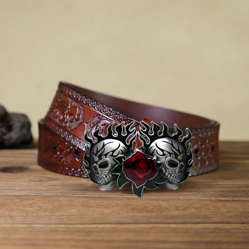 Men's DIY Double Skulls and Roses Buckle Leather Belt