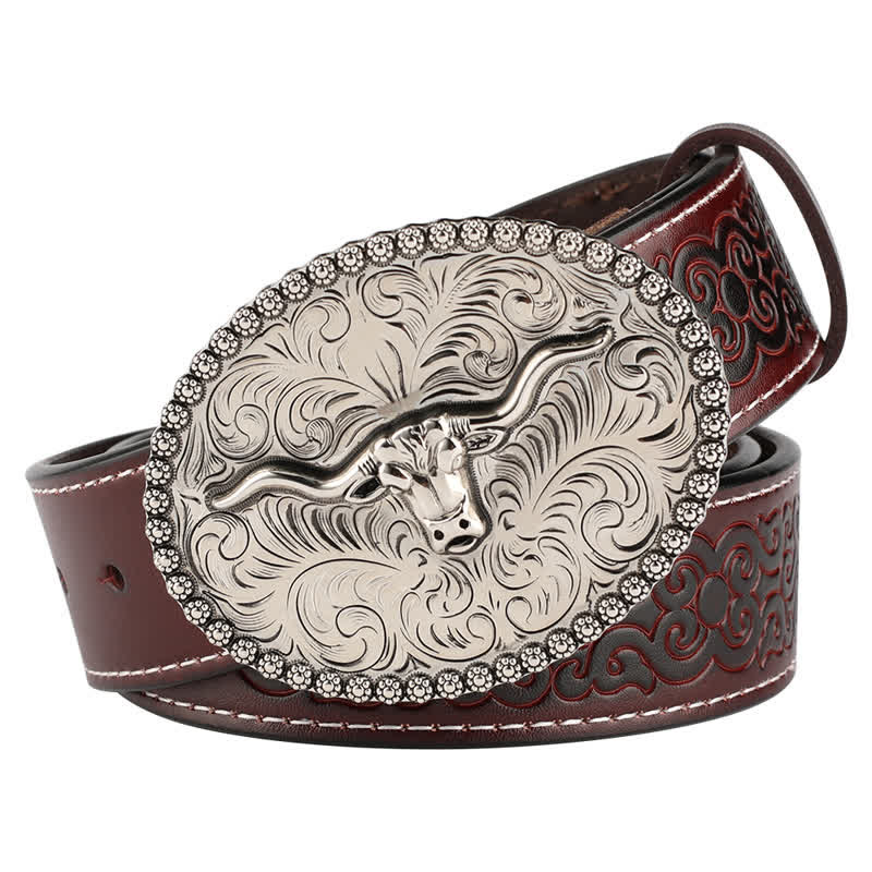 Men's Engarved Feather Bull Jeans Leather Belt