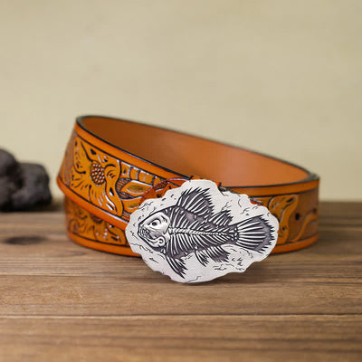 Men's DIY Fish Fossil Buckle Leather Belt