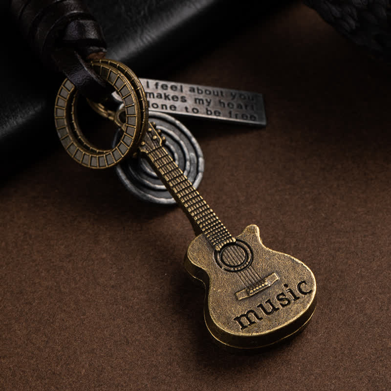 Cute Musical Guitar Pendant Leather Keychain