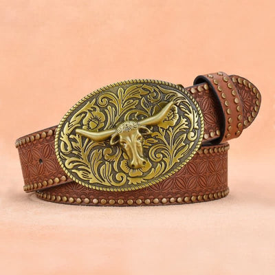 Men's Bull Head Rivet Embossed Leather Belt