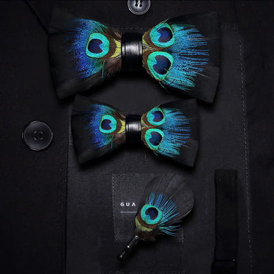 Black & Blue Peacock Eye Feather Bow Tie with Lapel Pin