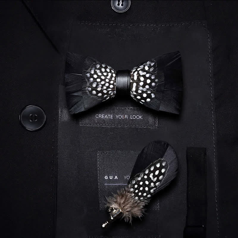 Kid's Black & White Dots Feather Bow Tie with Lapel Pin