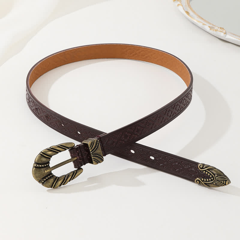 Women's Rhombus Embossed Coffee Leather Belt