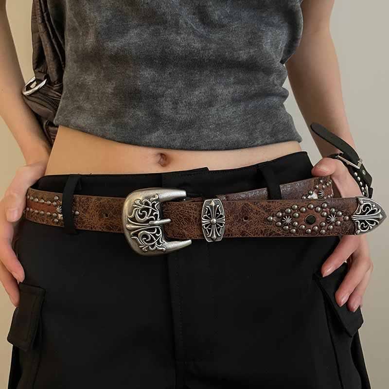 Women's Brown Arrow Shape Rivets Studded Leather Belt