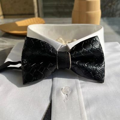 Men's Weave Pattern Design Black Leather Bow Tie