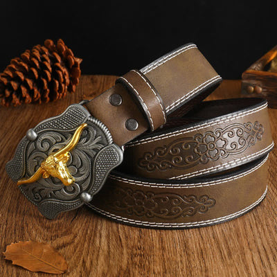 Men's Square Golden Longhorn Bull Leather Belt