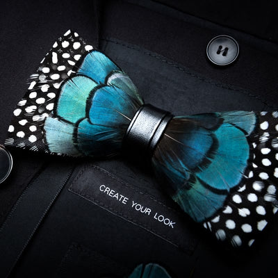 Turquoise & Black Feather Bow Tie with Lapel Pin