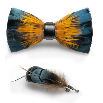 Kid's ForestGreen & Yellow Kingfisher Feather Bow Tie with Lapel Pin