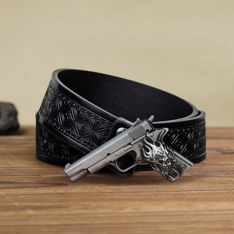 Men's DIY Pistol Gun Flame Skull Buckle Leather Belt