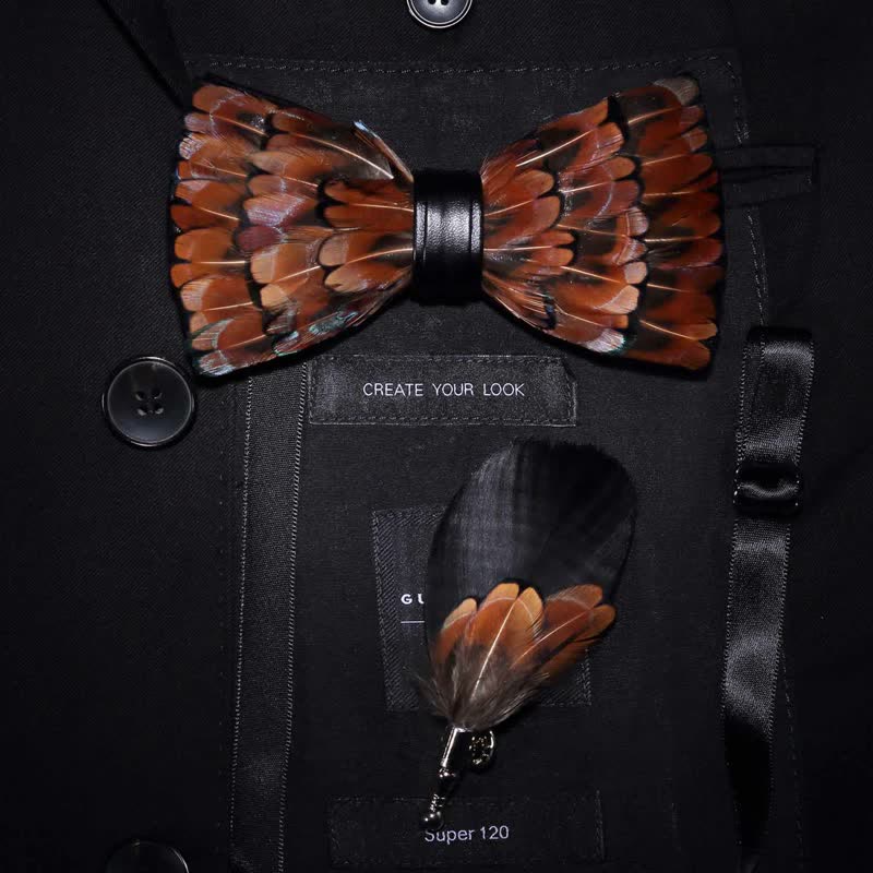 Brown & Black Trim Feather Bow Tie with Lapel Pin
