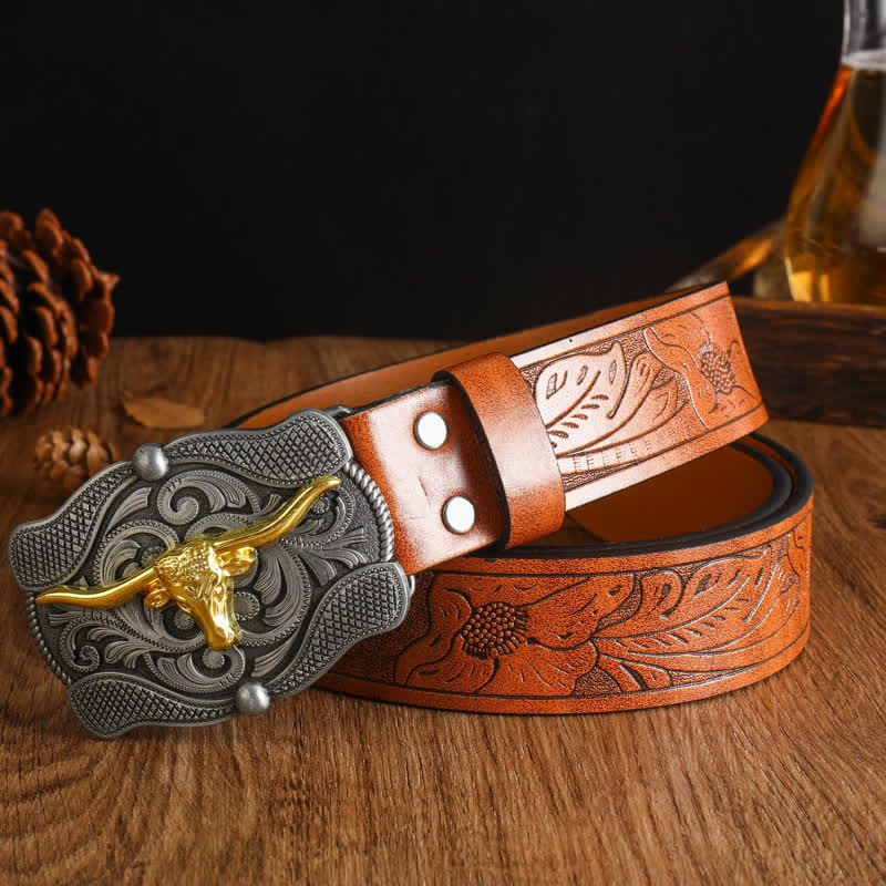 Men's Square Golden Longhorn Bull Leather Belt