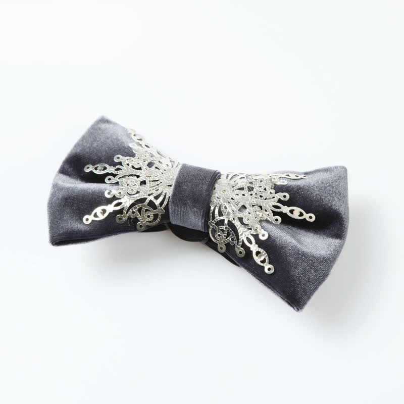 Men's Silver Sunburst Metal Gray Velvet Bow Tie