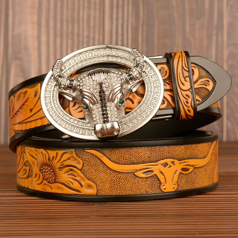 Men's Shinning Rhinestone Bull Automatic Buckle Leather Belt