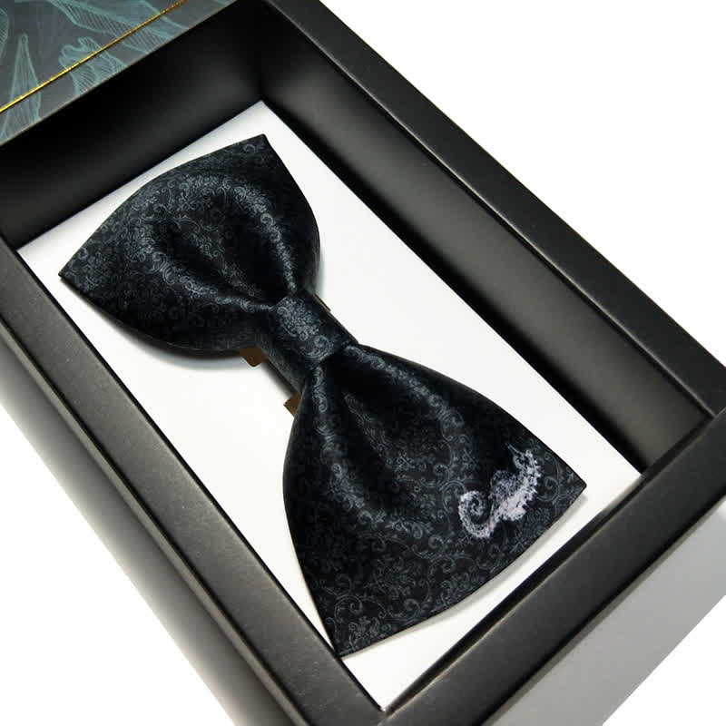 Men's Black White Seahorse Baroque Printed Bow Tie