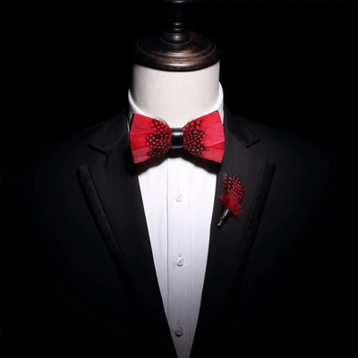 Kid's Red & Black Finch Feather Bow Tie with Lapel Pin