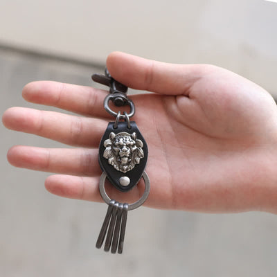 Wild West Cool Lion Head Leather Keychain