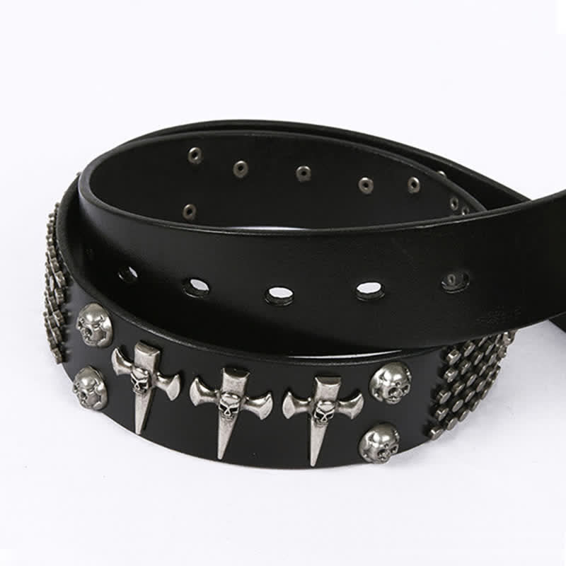 Unisex Skull Head Rivets Cross Studded Leather Belt