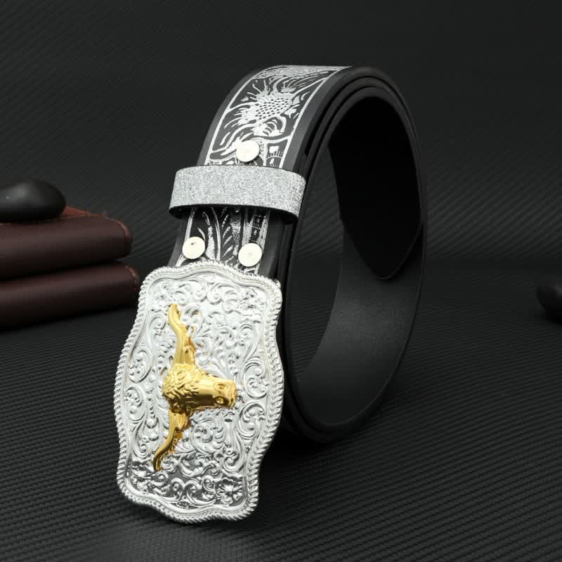 Men's Bull Black Silver Floral Embossed Print Leather Belt