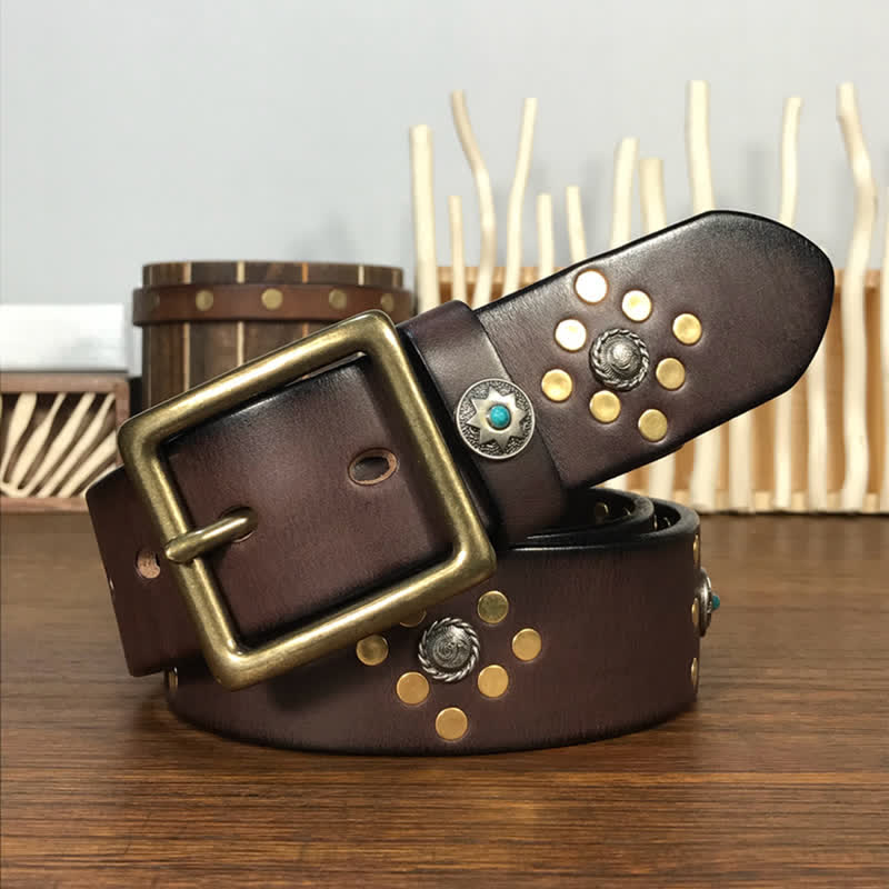 Gold Rivets Studs Vintage Indian Style Leather Belt