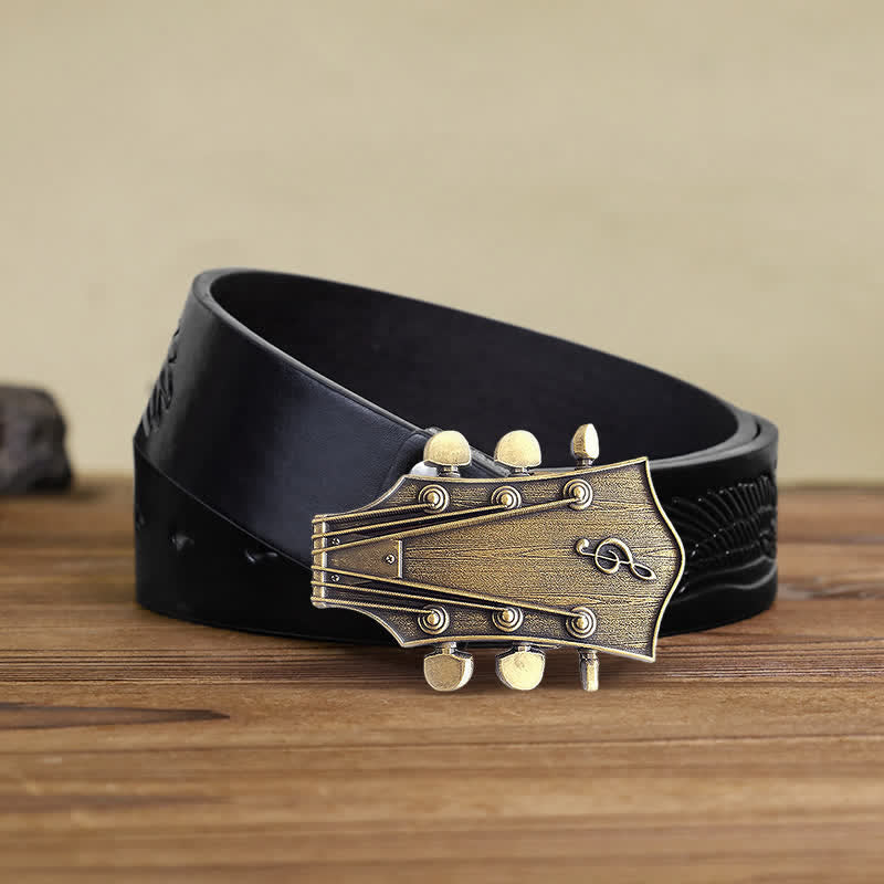 Men's DIY Bronze Guitar Music Buckle Leather Belt