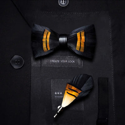 Black & Orange Midnight Feather Bow Tie with Lapel Pin