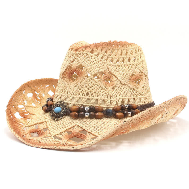 Boho Hollow-Out Beads String Cowboy Cowgirl Straw Hat